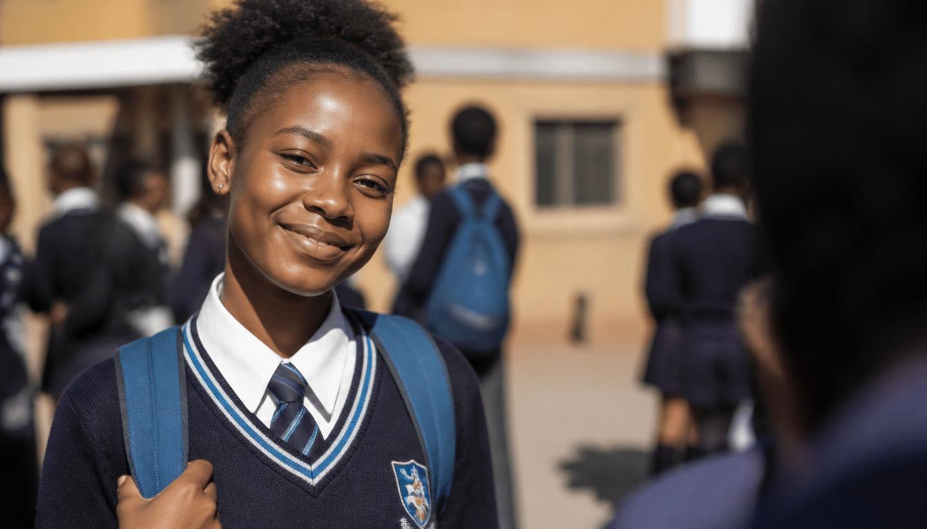A confident young black female South African learner in school uniform, ready for university