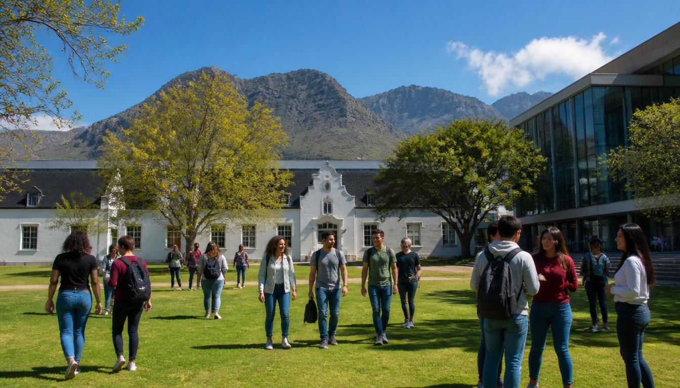 Diverse South African students walking on a university campus with mountain scenery